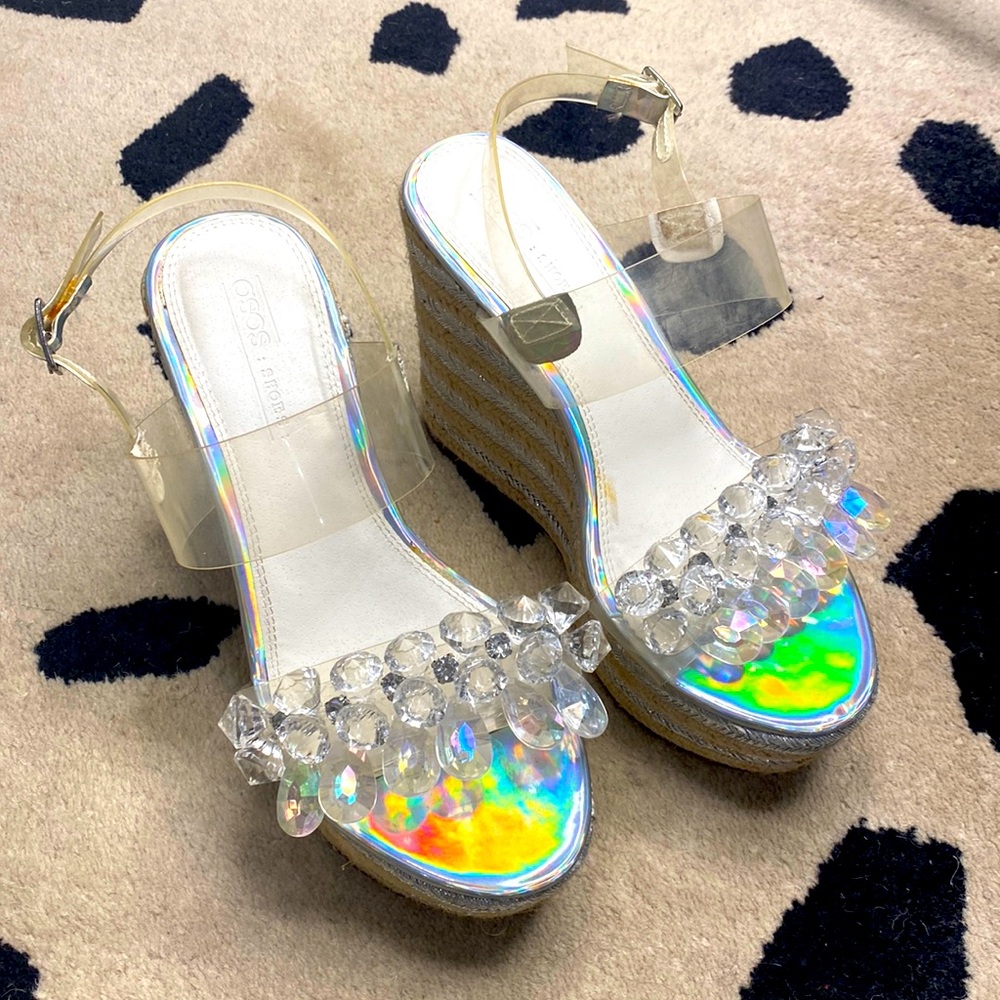 ASOS | Bedazzled rhinestones white and silver iridescent platform wedges